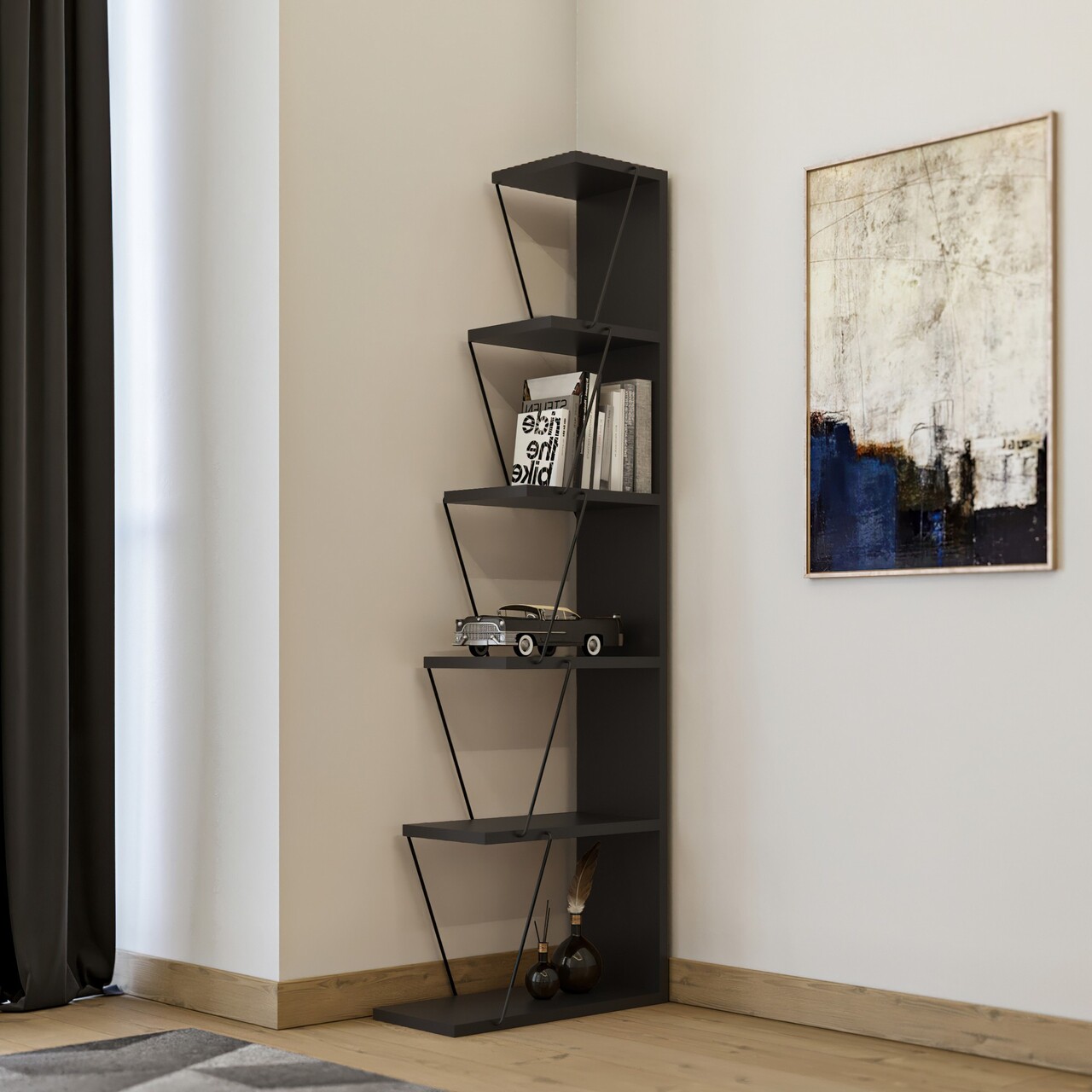 Biblioteca Tlos, Kalune Design, 50x22x150 cm, antracit/negru - imagine 5